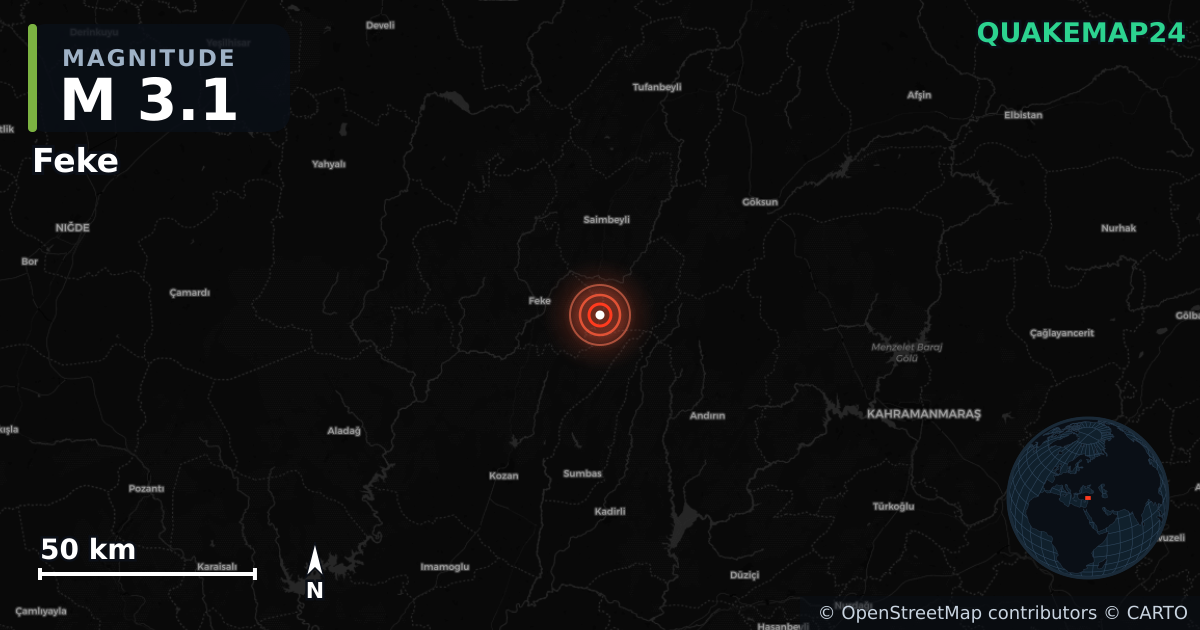 M3.1 earthquake near Feke on Jul 3, 2026 — map of epicenter and shaking intensity | QuakeMap24