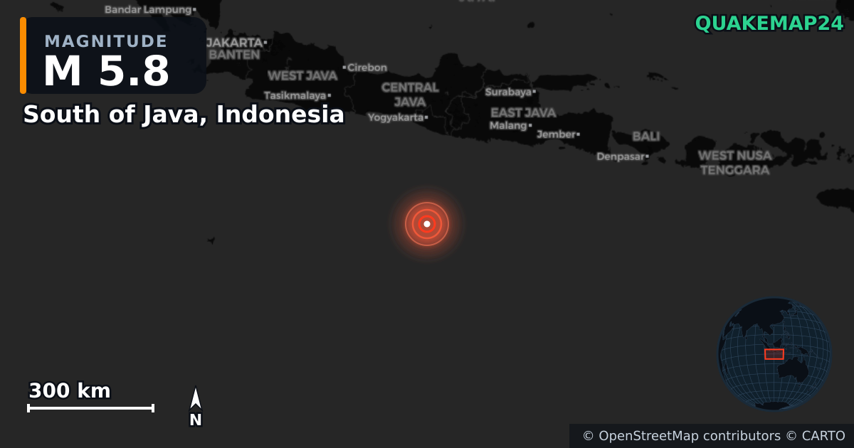 M5.8 Earthquake near South of Java, Indonesia · 2025-05-27 — Map showing the location of the epicenter