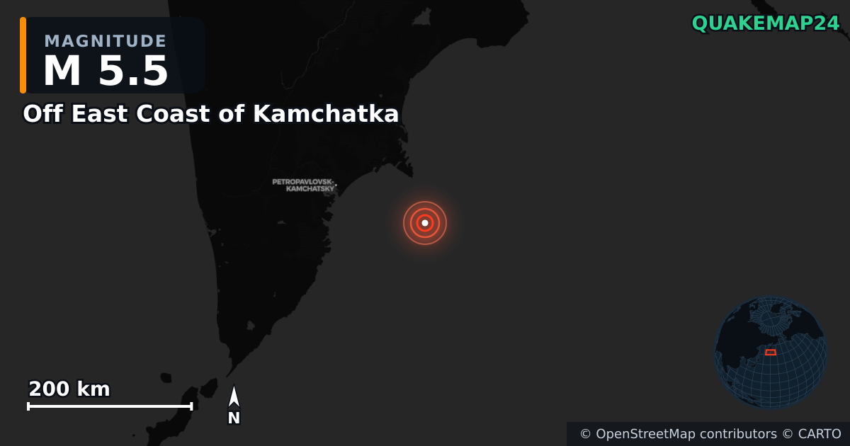 M5.5 earthquake near Off East Coast of Kamchatka on Jul 20, 2025 — map of epicenter and shaking intensity | QuakeMap24