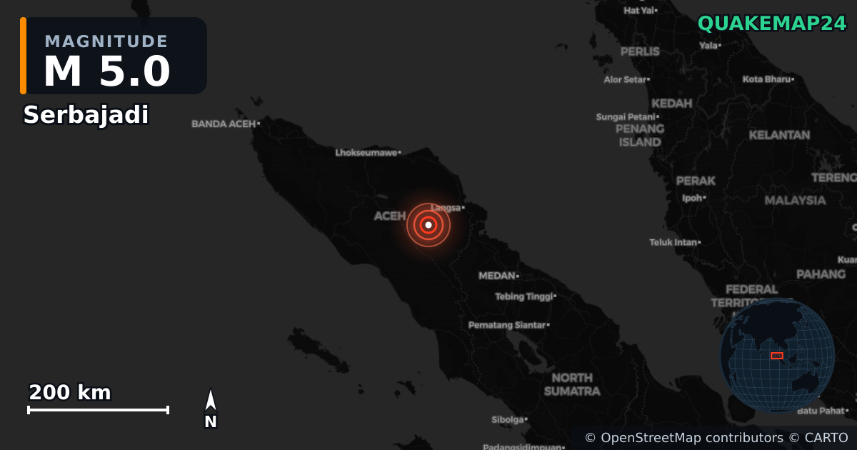 M5.0 earthquake near Serbajadi on Jul 22, 2026 — map of epicenter and shaking intensity | QuakeMap24