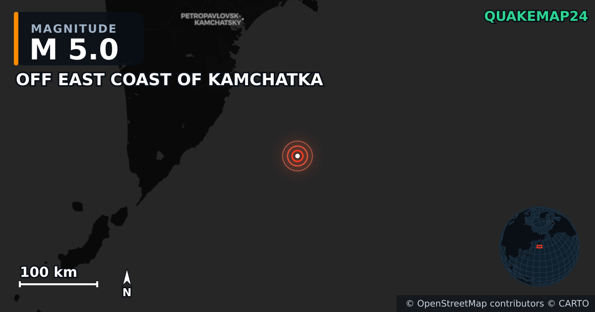 M5.0 earthquake near OFF EAST COAST OF KAMCHATKA on Sep 25, 2025 — map of epicenter and shaking intensity | QuakeMap24