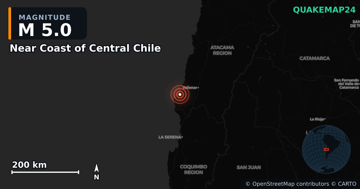 Near Coast of Central Chile yakınında M5,0 deprem — Deprem merkez üssünün konumunu gösteren harita
