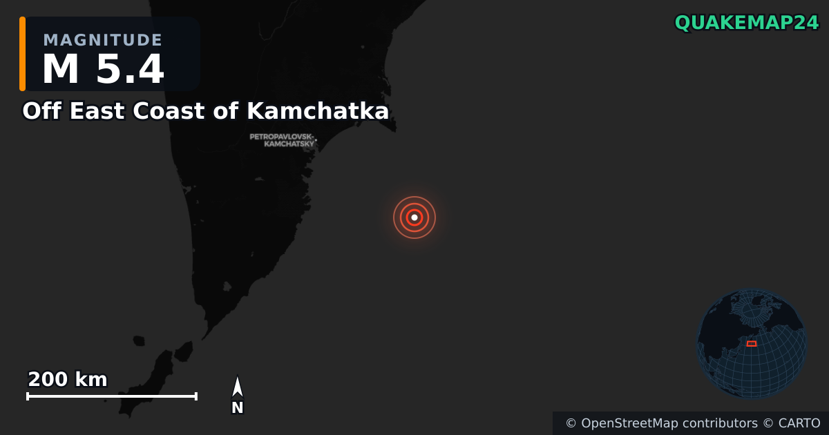 M5.4 earthquake near Off East Coast of Kamchatka on Jul 30, 2025 — map of epicenter and shaking intensity | QuakeMap24