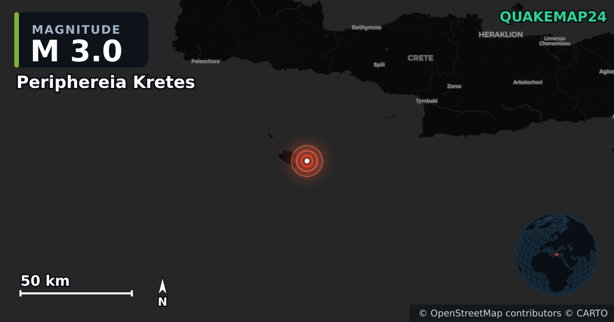 M3.0 earthquake near Periphereia Kretes on Dec 21, 2025 — map of epicenter and shaking intensity | QuakeMap24
