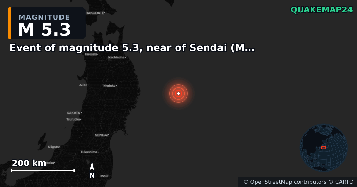M5.3 earthquake near Event of magnitude 5.3, near of Sendai (Monde) on Nov 9, 2025 — map of epicenter and shaking intensity | QuakeMap24