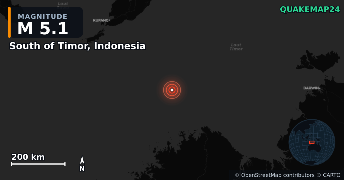 South of Timor, Indonesia yakınında M5,1 deprem — Deprem merkez üssünün konumunu gösteren harita