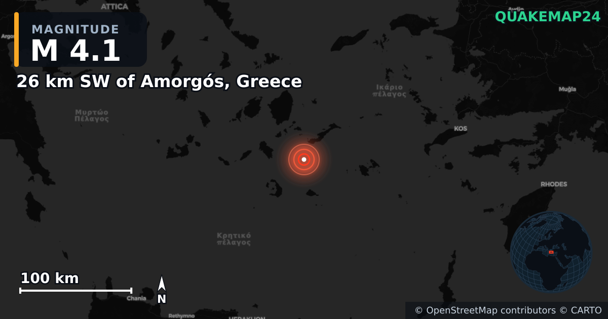 M4.1 earthquake near 26 km SW of Amorgós, Greece on Feb 11, 2025 — map of epicenter and shaking intensity | QuakeMap24