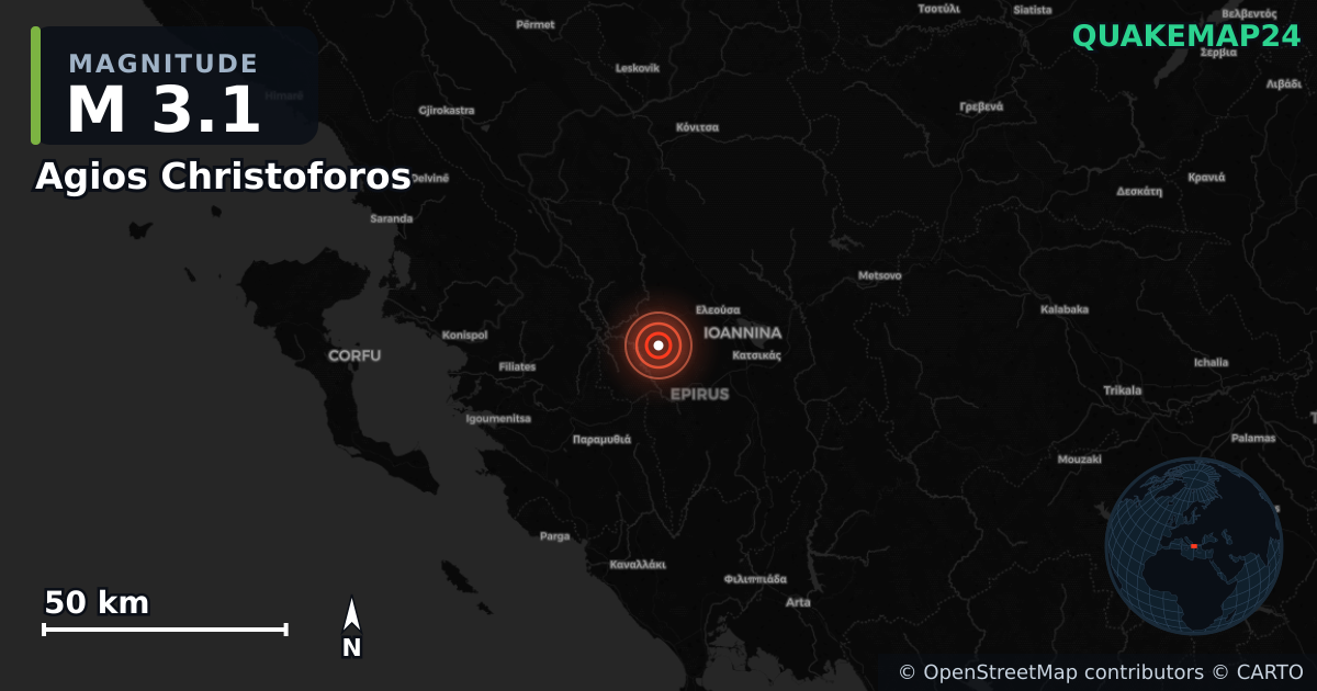 M3.1 earthquake near Agios Christoforos on Jul 20, 2026 — map of epicenter and shaking intensity | QuakeMap24
