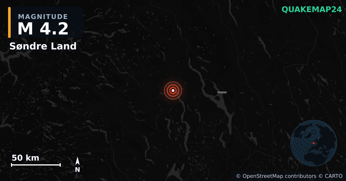 M4.2 earthquake near Søndre Land on Jun 25, 2026 — map of epicenter and shaking intensity | QuakeMap24