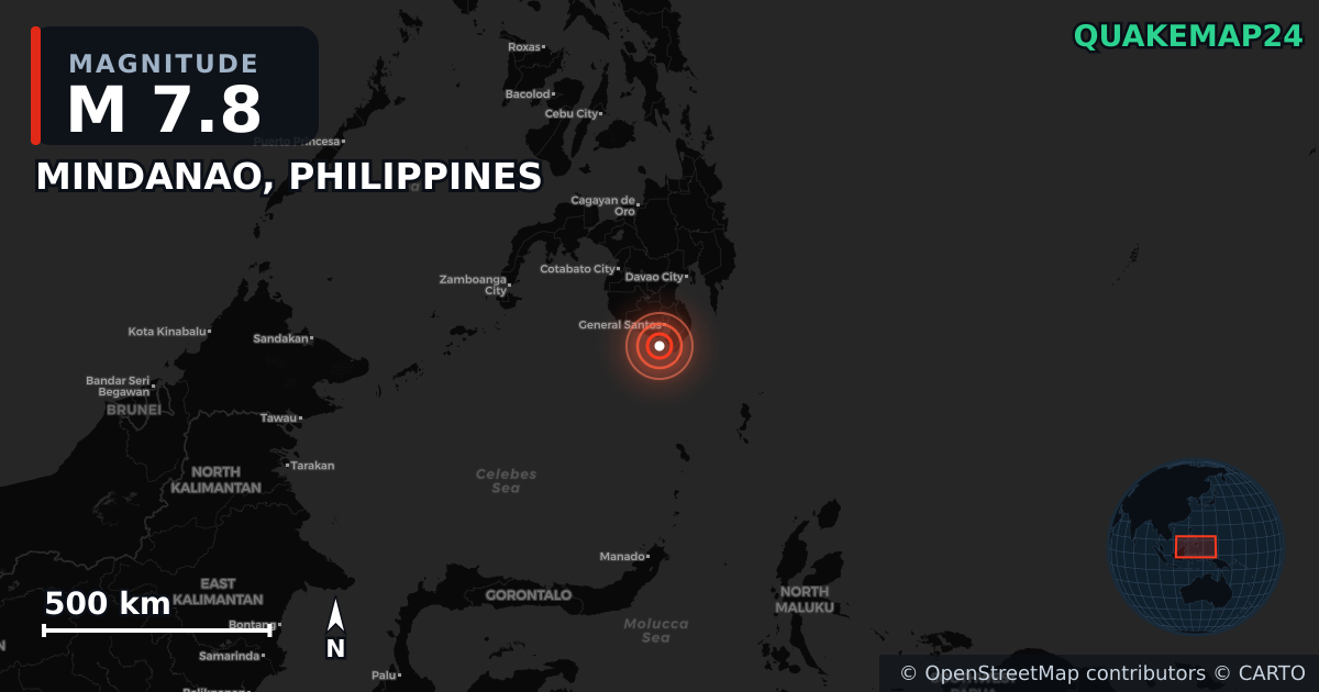 M7.8 earthquake near MINDANAO, PHILIPPINES on Jun 7, 2026 — map of epicenter and shaking intensity | QuakeMap24