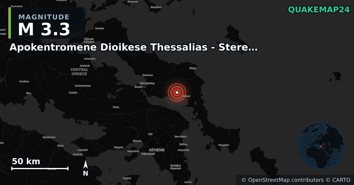 M3.3 earthquake near Apokentromene Dioikese Thessalias - Stereas Ellados on Aug 7, 2025 — map of epicenter and shaking intensity | QuakeMap24