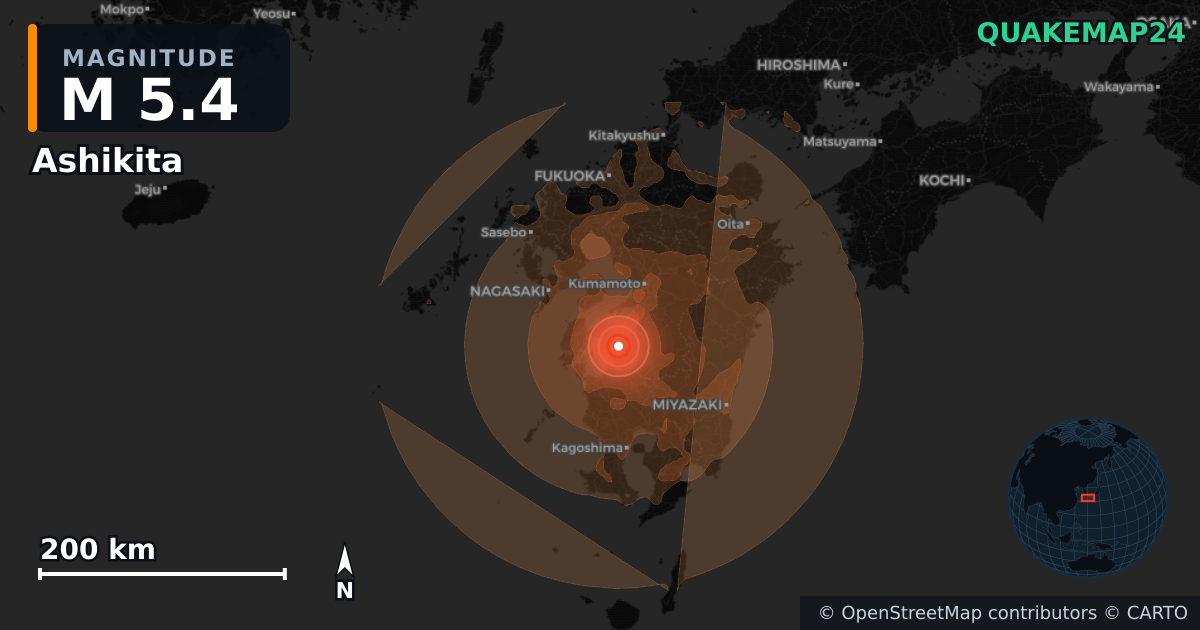 M5.4 earthquake near Ashikita on Jul 29, 2026 — map of epicenter and shaking intensity | QuakeMap24