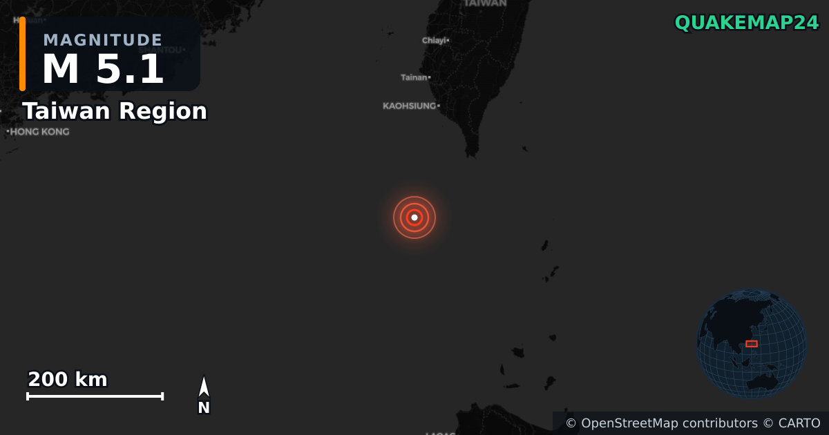 M5.1 earthquake near Taiwan Region on Aug 16, 2025 — map of epicenter and shaking intensity | QuakeMap24