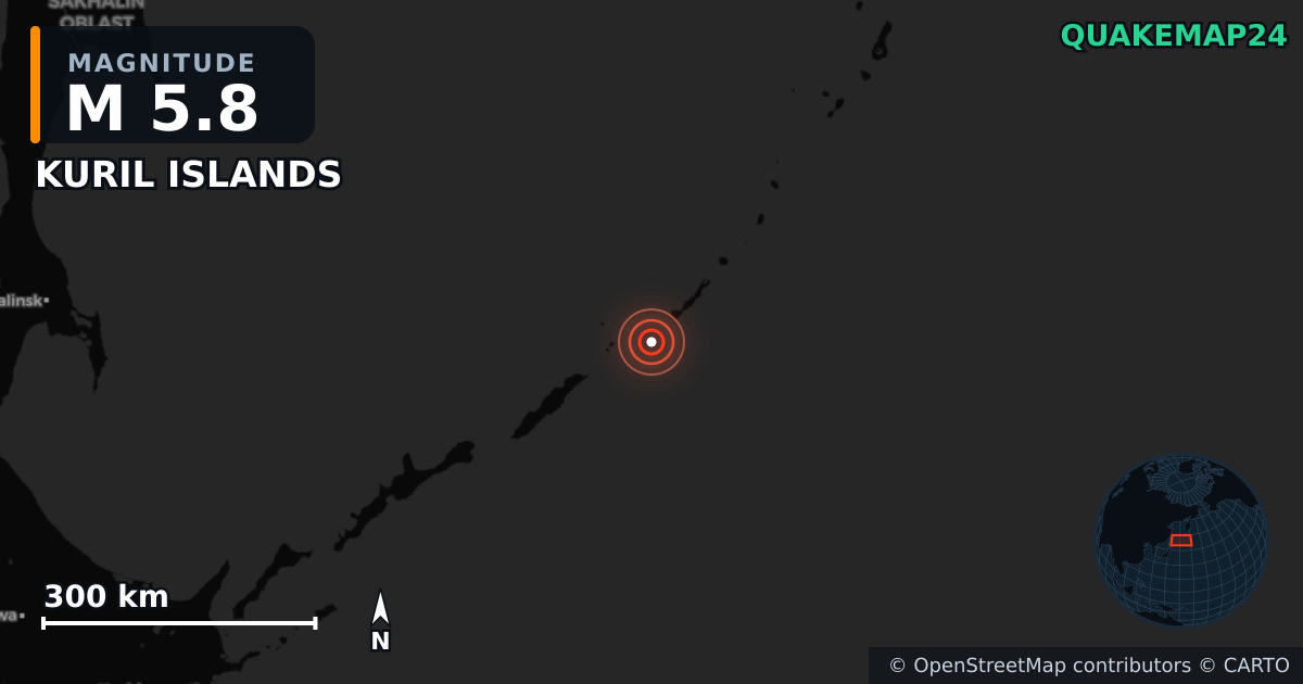 M5.8 earthquake near KURIL ISLANDS on Jul 14, 2025 — map of epicenter and shaking intensity | QuakeMap24