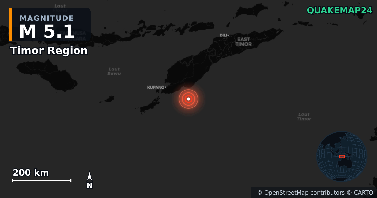 M5.1 earthquake near Timor Region on May 28, 2026 — map of epicenter and shaking intensity | QuakeMap24