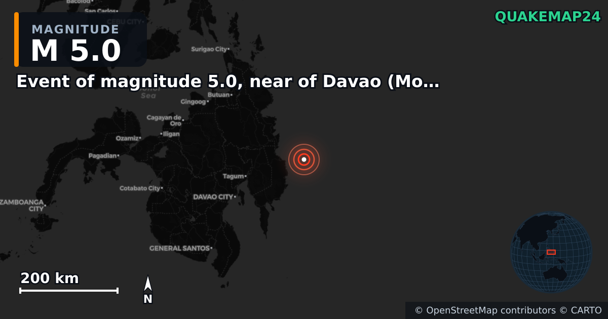 M5.0 earthquake near Event of magnitude 5.0, near of Davao (Monde) on Jan 7, 2026 — map of epicenter and shaking intensity | QuakeMap24
