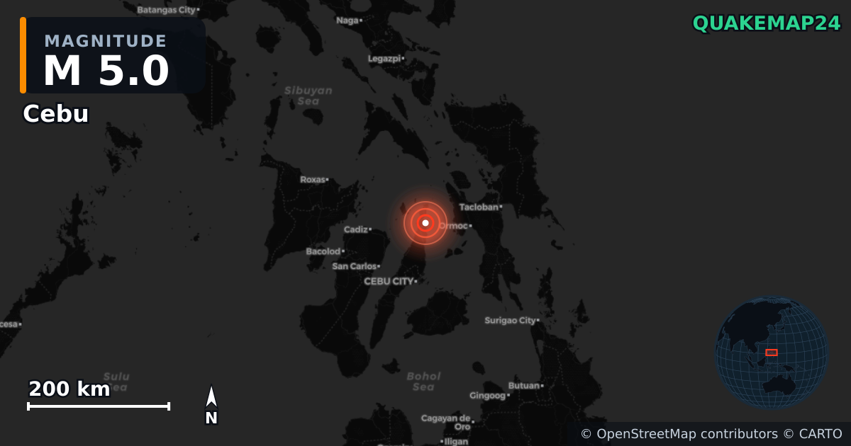 M5.0 earthquake near Cebu on Sep 30, 2025 — map of epicenter and shaking intensity | QuakeMap24