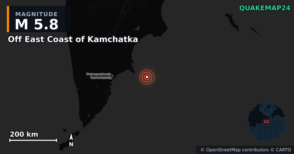 M5.8 earthquake near Off East Coast of Kamchatka on Jan 10, 2026 — map of epicenter and shaking intensity | QuakeMap24