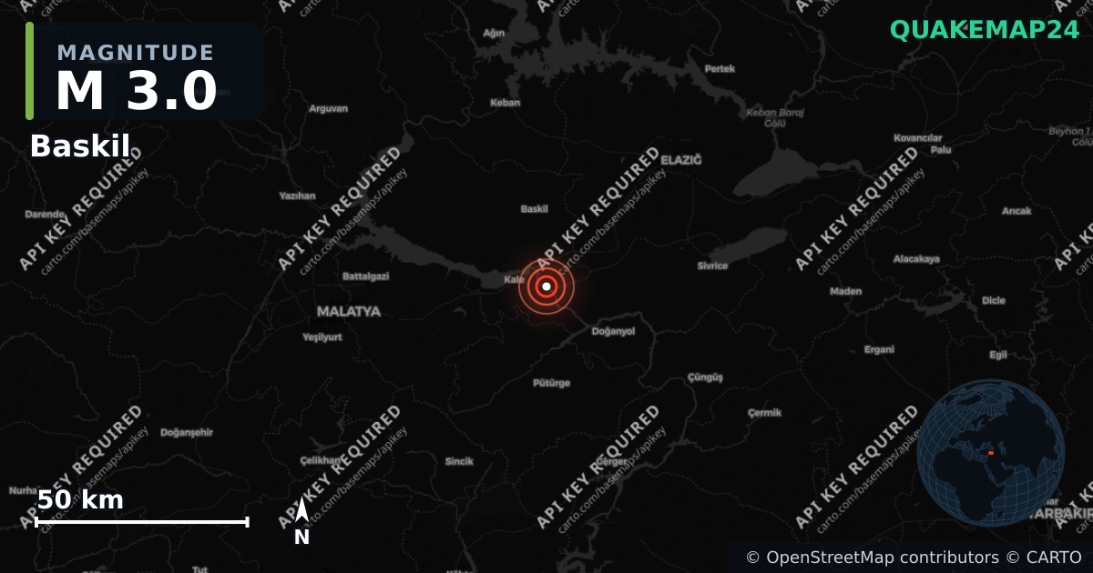 M3.0 earthquake near Baskil on Aug 30, 2026 — map of epicenter and shaking intensity | QuakeMap24