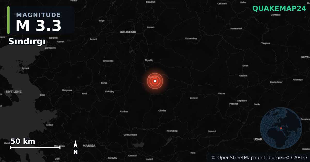 M3.3 earthquake near Sındırgı on Aug 23, 2025 — map of epicenter and shaking intensity | QuakeMap24