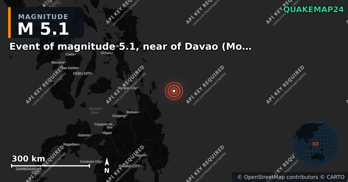M5.1 earthquake near Event of magnitude 5.1, near of Davao (Monde) on Sep 3, 2025 — map of epicenter and shaking intensity | QuakeMap24