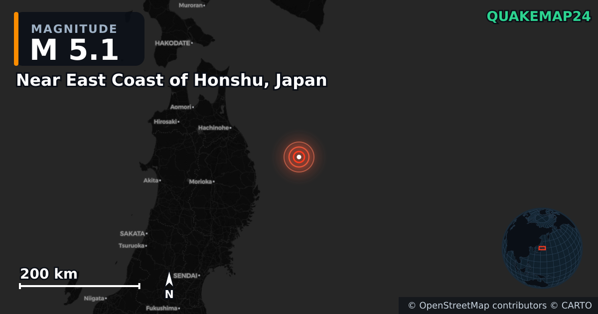 M5.1 earthquake near Near East Coast of Honshu, Japan on Apr 26, 2026 — map of epicenter and shaking intensity | QuakeMap24