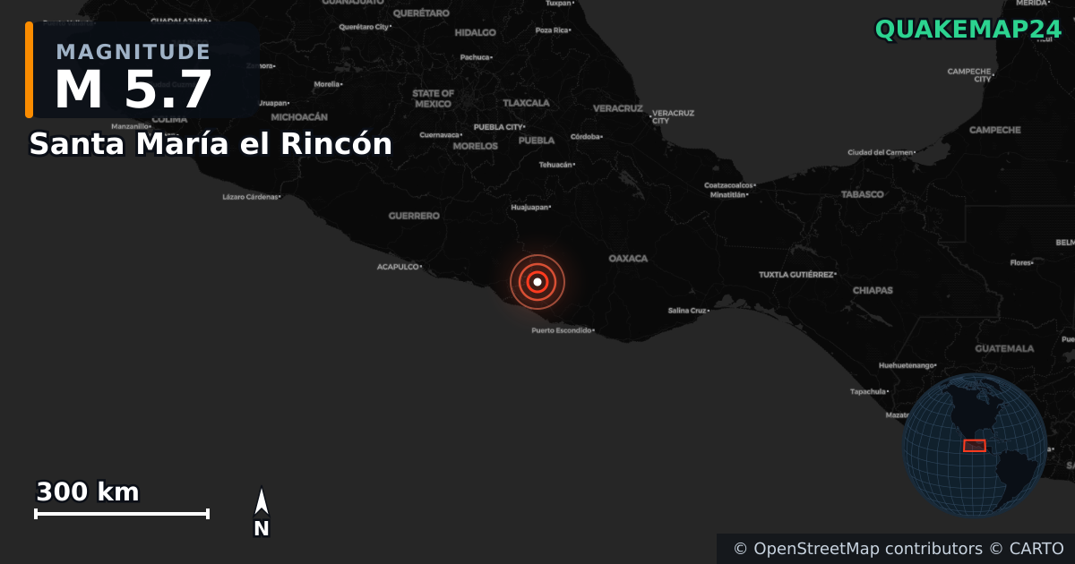 M5.7 earthquake near Santa María el Rincón on May 4, 2026 — map of epicenter and shaking intensity | QuakeMap24
