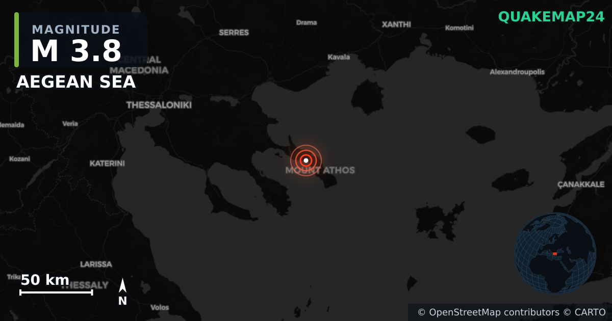 M3.8 earthquake near AEGEAN SEA on Jun 7, 2025 — map of epicenter and shaking intensity | QuakeMap24