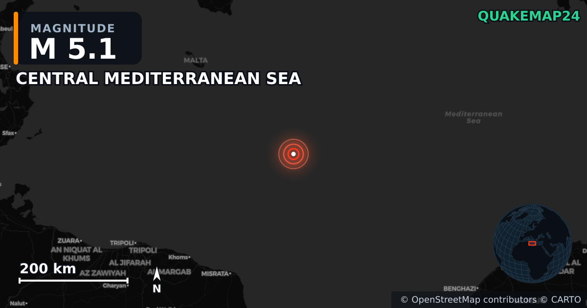 CENTRAL MEDITERRANEAN SEA yakınında M5,1 deprem — Deprem merkez üssünün konumunu gösteren harita