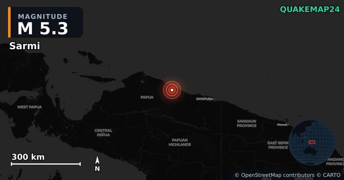 Erdbeben M5,3 bei Sarmi, Papua (Indonesien) — Karte der Lage des Epizentrums