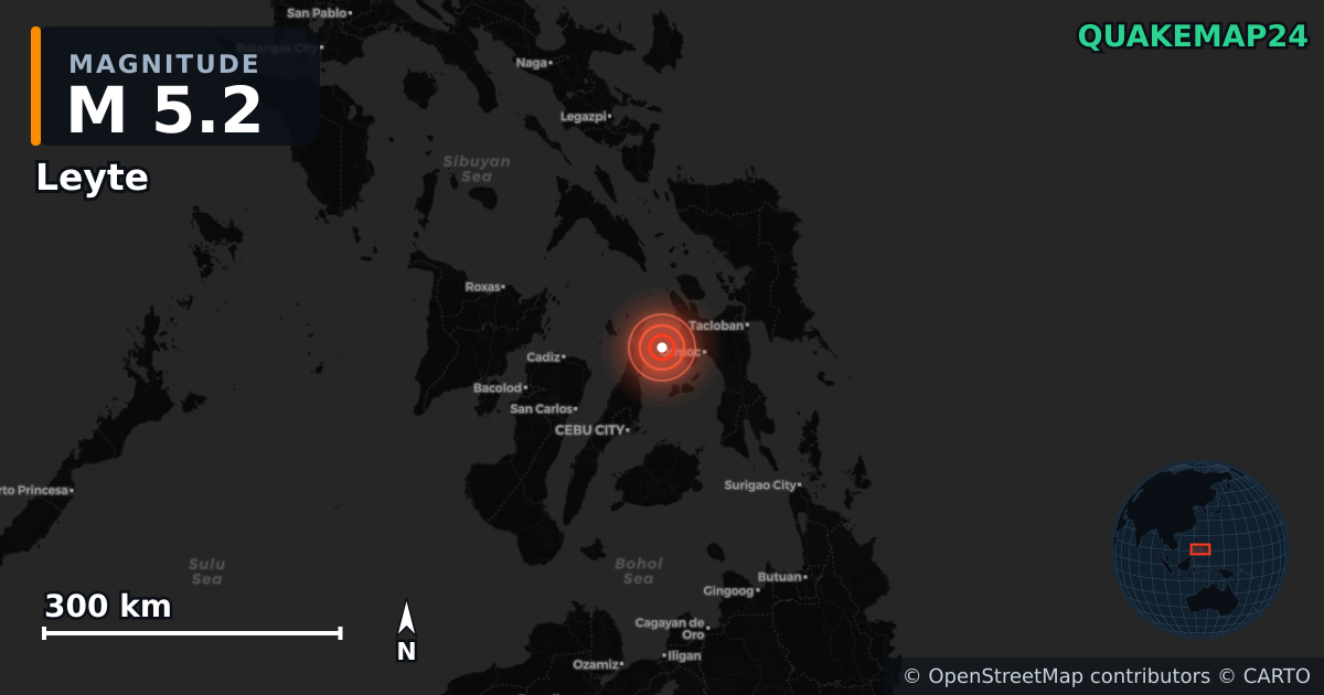 M5.2 earthquake near Leyte on Oct 1, 2025 — map of epicenter and shaking intensity | QuakeMap24