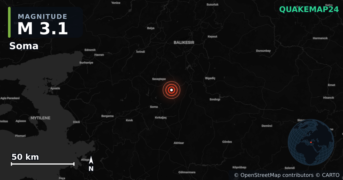 M3.1 earthquake near Soma on Aug 19, 2025 — map of epicenter and shaking intensity | QuakeMap24
