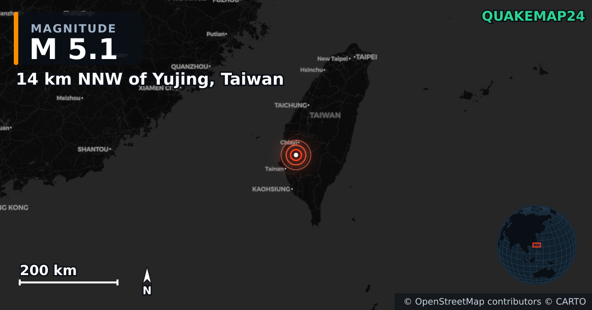 M5.1 earthquake near 14 km NNW of Yujing, Taiwan on Jan 25, 2025 — map of epicenter and shaking intensity | QuakeMap24
