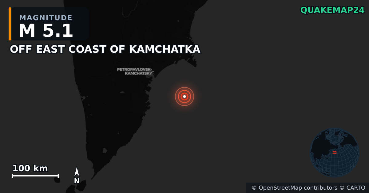 M5.1 earthquake near OFF EAST COAST OF KAMCHATKA on Jul 30, 2025 — map of epicenter and shaking intensity | QuakeMap24