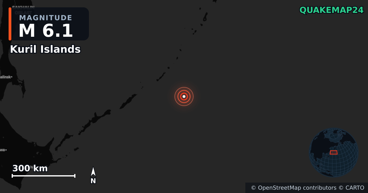 M6.1 earthquake near Kuril Islands on Jun 13, 2025 — map of epicenter and shaking intensity | QuakeMap24