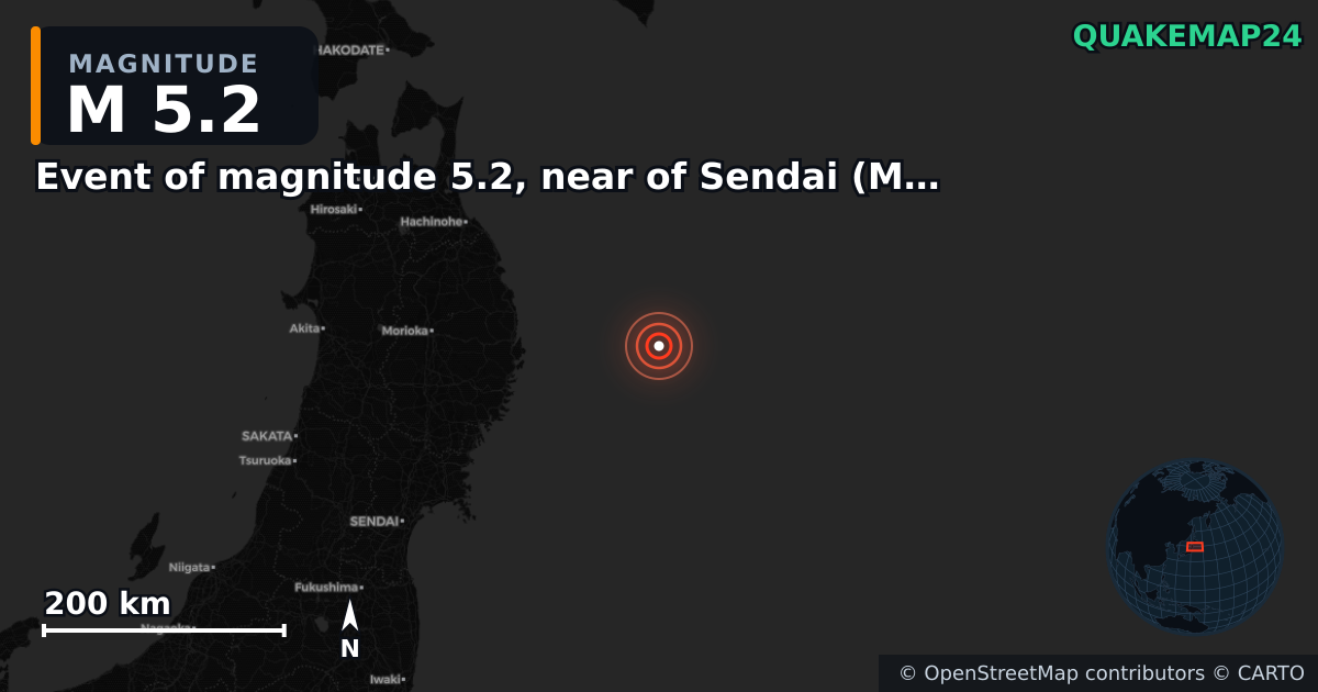 M5.2 earthquake near Event of magnitude 5.2, near of Sendai (Monde) on Dec 30, 2025 — map of epicenter and shaking intensity | QuakeMap24