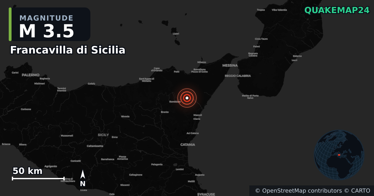 M3.5 earthquake near Francavilla di Sicilia on Feb 24, 2026 — map of epicenter and shaking intensity | QuakeMap24