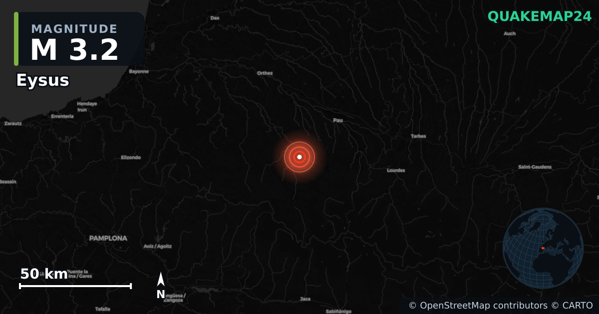 M3.2 earthquake near Eysus on Oct 12, 2025 — map of epicenter and shaking intensity | QuakeMap24