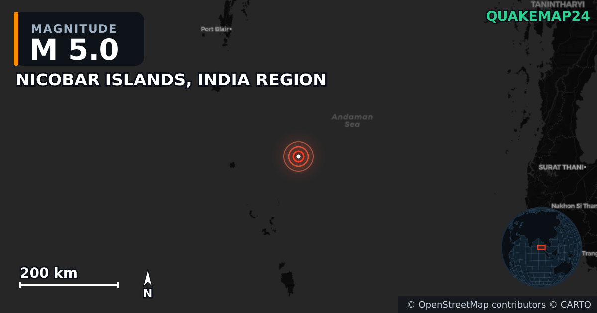 NICOBAR ISLANDS, INDIA REGION yakınında M5,0 deprem · 2025-06-24 — Deprem merkez üssünün konumunu gösteren harita