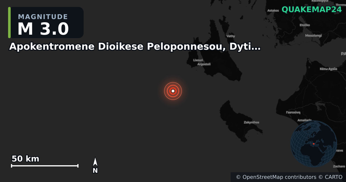 M3.0 earthquake near Apokentromene Dioikese Peloponnesou, Dytikes Elladas kai Ioniou on Jul 8, 2025 — map of epicenter and shaking intensity | QuakeMap24