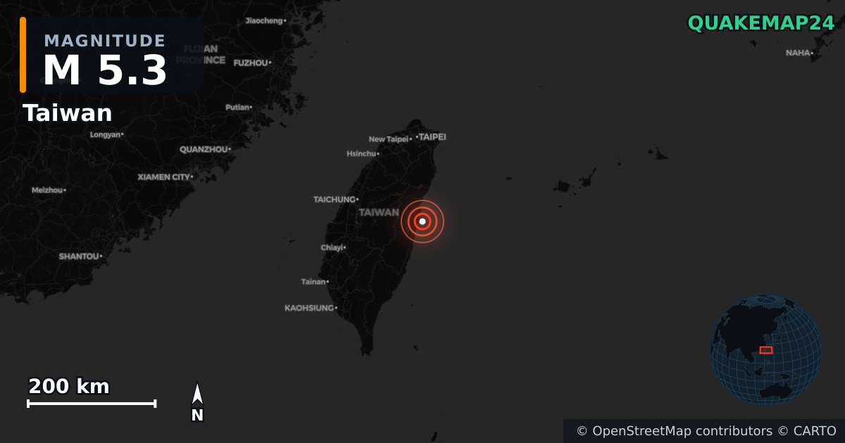 M5.2 earthquake near Taiwan on Dec 8, 2025 — map of epicenter and shaking intensity | QuakeMap24