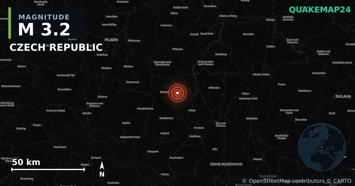 M3.2 earthquake near CZECH REPUBLIC on Apr 24, 2025 — map of epicenter and shaking intensity | QuakeMap24