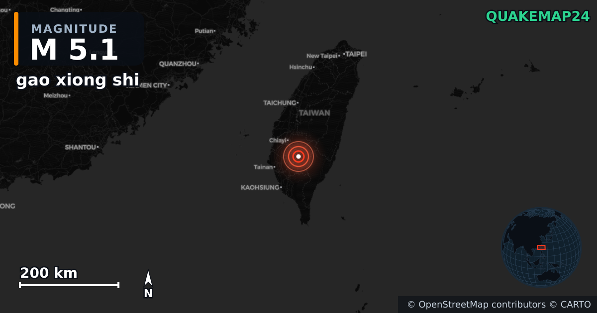M5.1 earthquake near gao xiong shi on Nov 10, 2025 — map of epicenter and shaking intensity | QuakeMap24