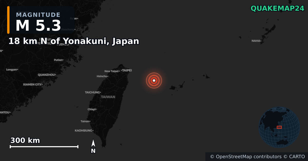 M5.3 earthquake near 18 km N of Yonakuni, Japan on Aug 7, 2025 — map of epicenter and shaking intensity | QuakeMap24