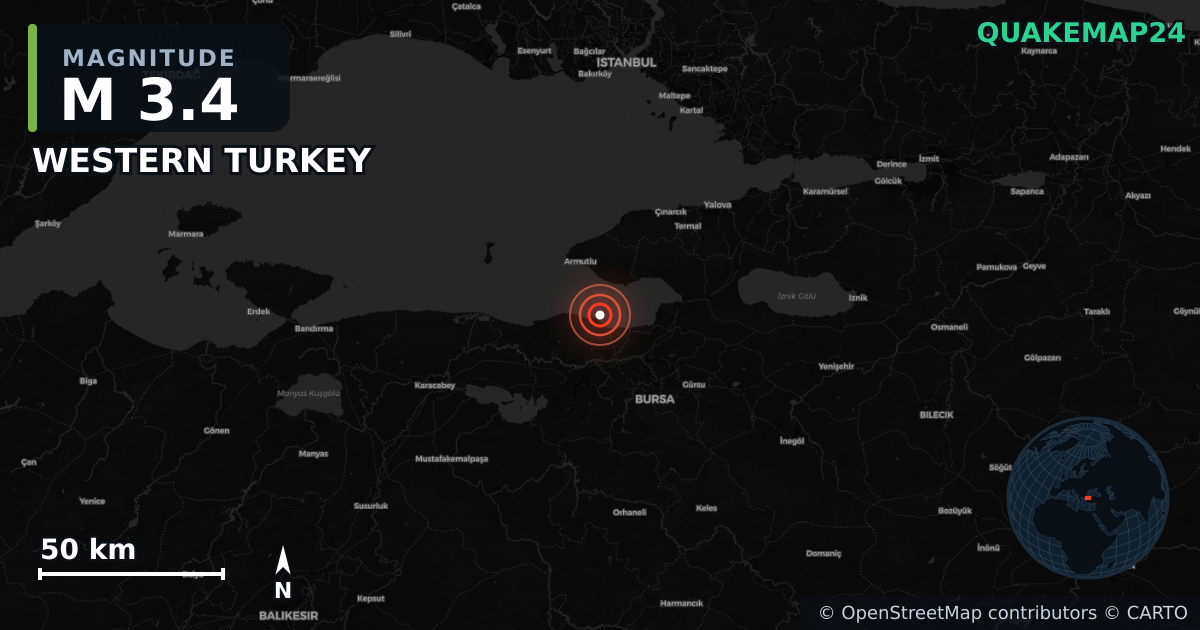 M3.4 earthquake near WESTERN TURKEY on Aug 25, 2025 — map of epicenter and shaking intensity | QuakeMap24
