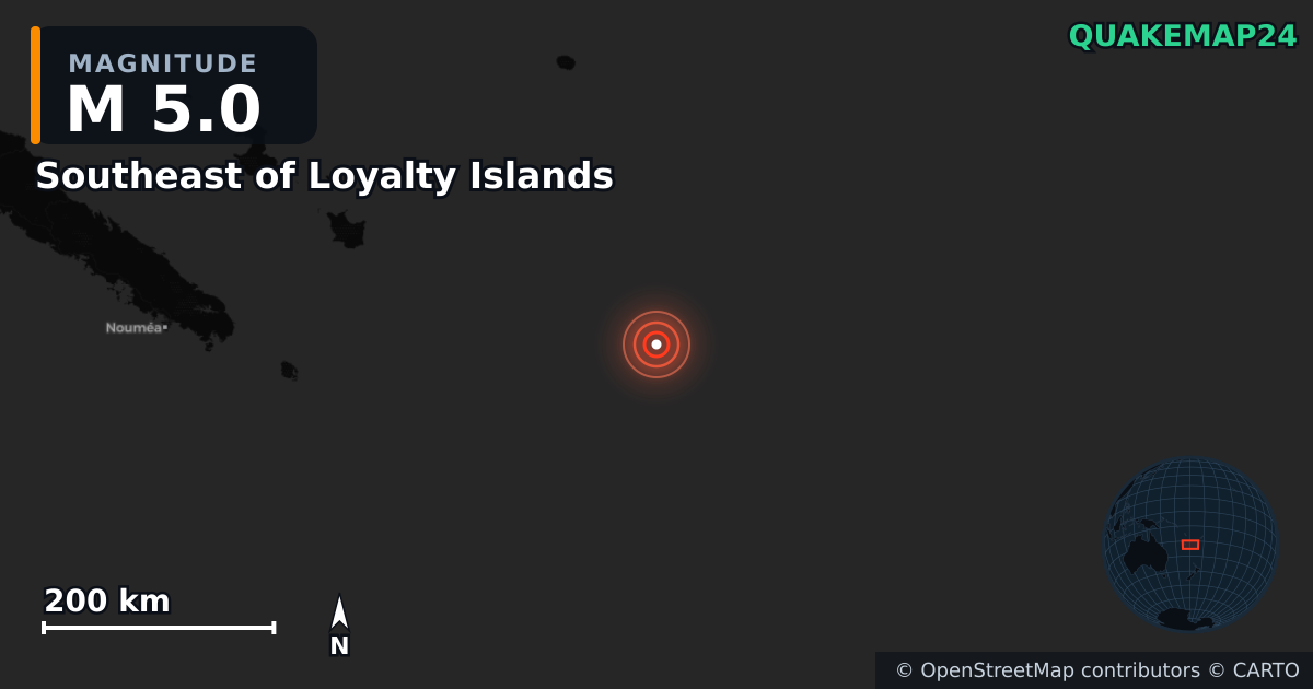 M5.0 earthquake near Southeast of Loyalty Islands on Jan 19, 2026 — map of epicenter and shaking intensity | QuakeMap24