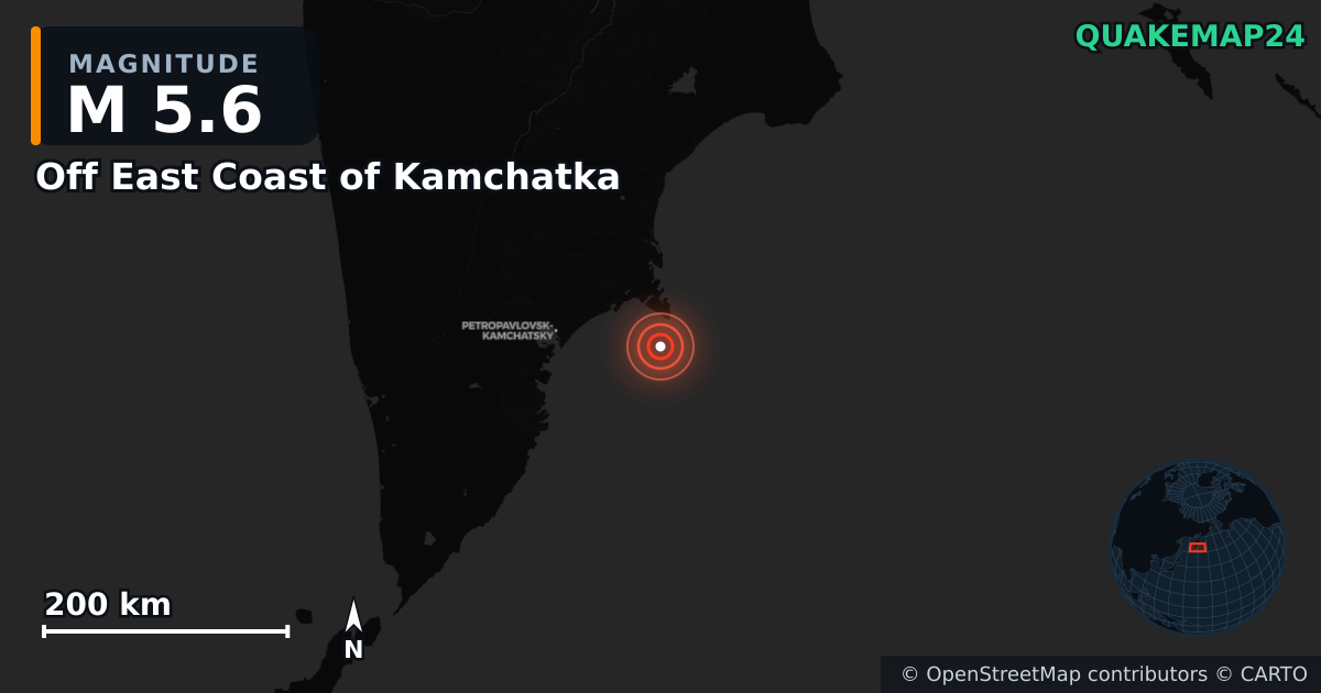 M5.6 earthquake near Off East Coast of Kamchatka on Sep 29, 2025 — map of epicenter and shaking intensity | QuakeMap24