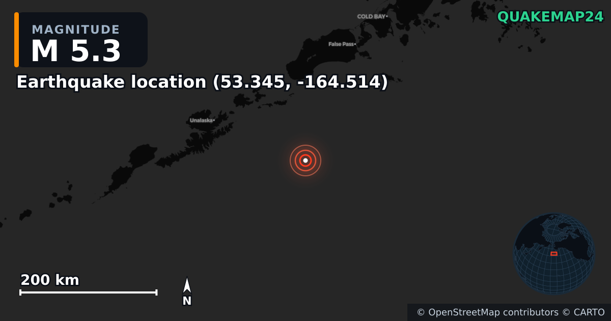 M5.3 earthquake near Τοποθεσία σεισμού (53.345, -164.514) on May 23, 2025 — map of epicenter and shaking intensity | QuakeMap24
