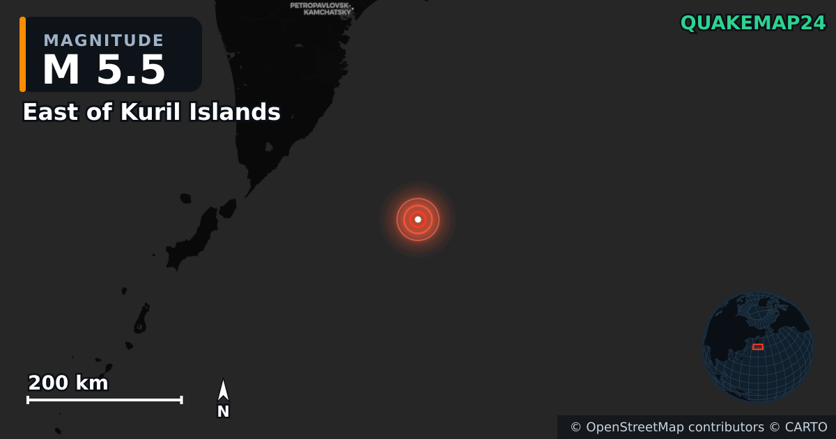 M5.5 earthquake near East of Kuril Islands on Dec 9, 2025 — map of epicenter and shaking intensity | QuakeMap24