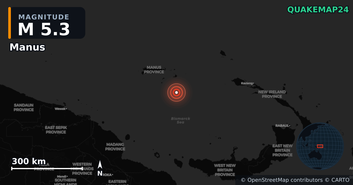 M5.3 earthquake near Manus on May 15, 2026 — map of epicenter and shaking intensity | QuakeMap24